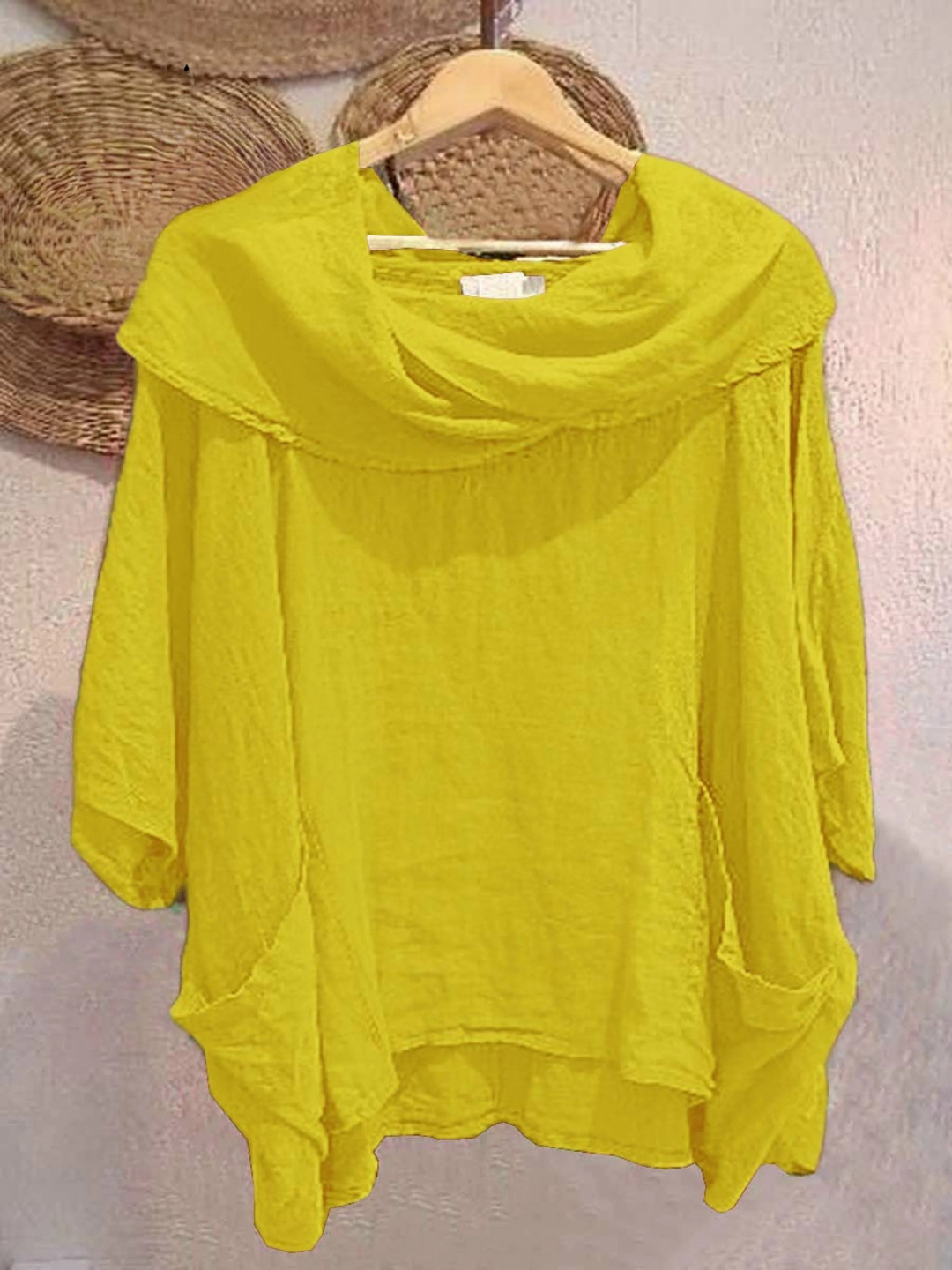 Women's Solid Color Draped Neck 3/4 Sleeve Comfortable Casual Pocket Top