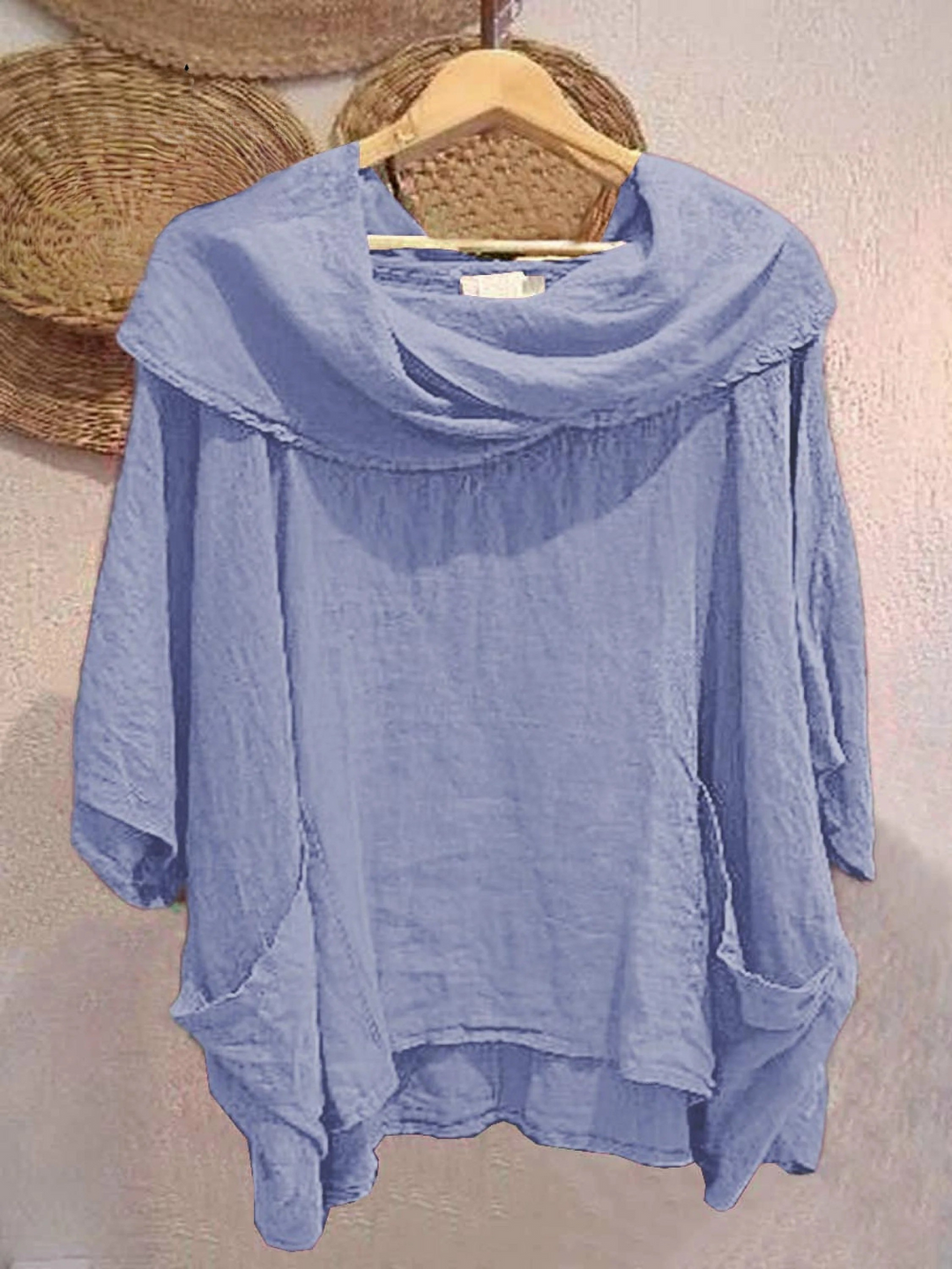 Women's Solid Color Draped Neck 3/4 Sleeve Comfortable Casual Pocket Top