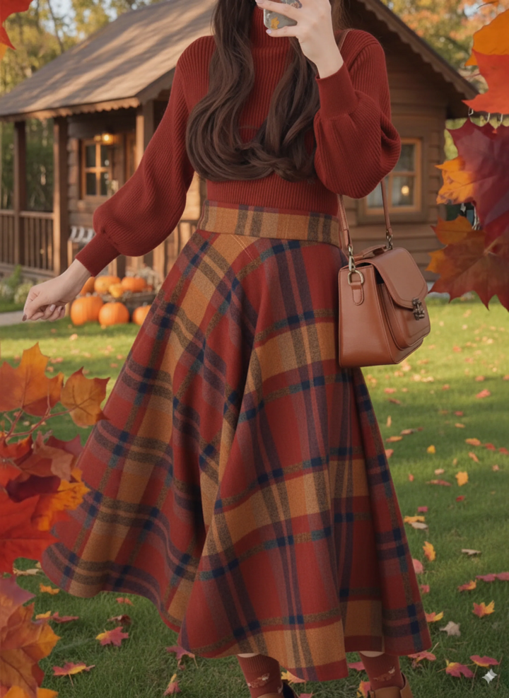 Caramel Pumpkin Lantern Sleeve Sweater Top Plaid Skirt Two-Piece Set